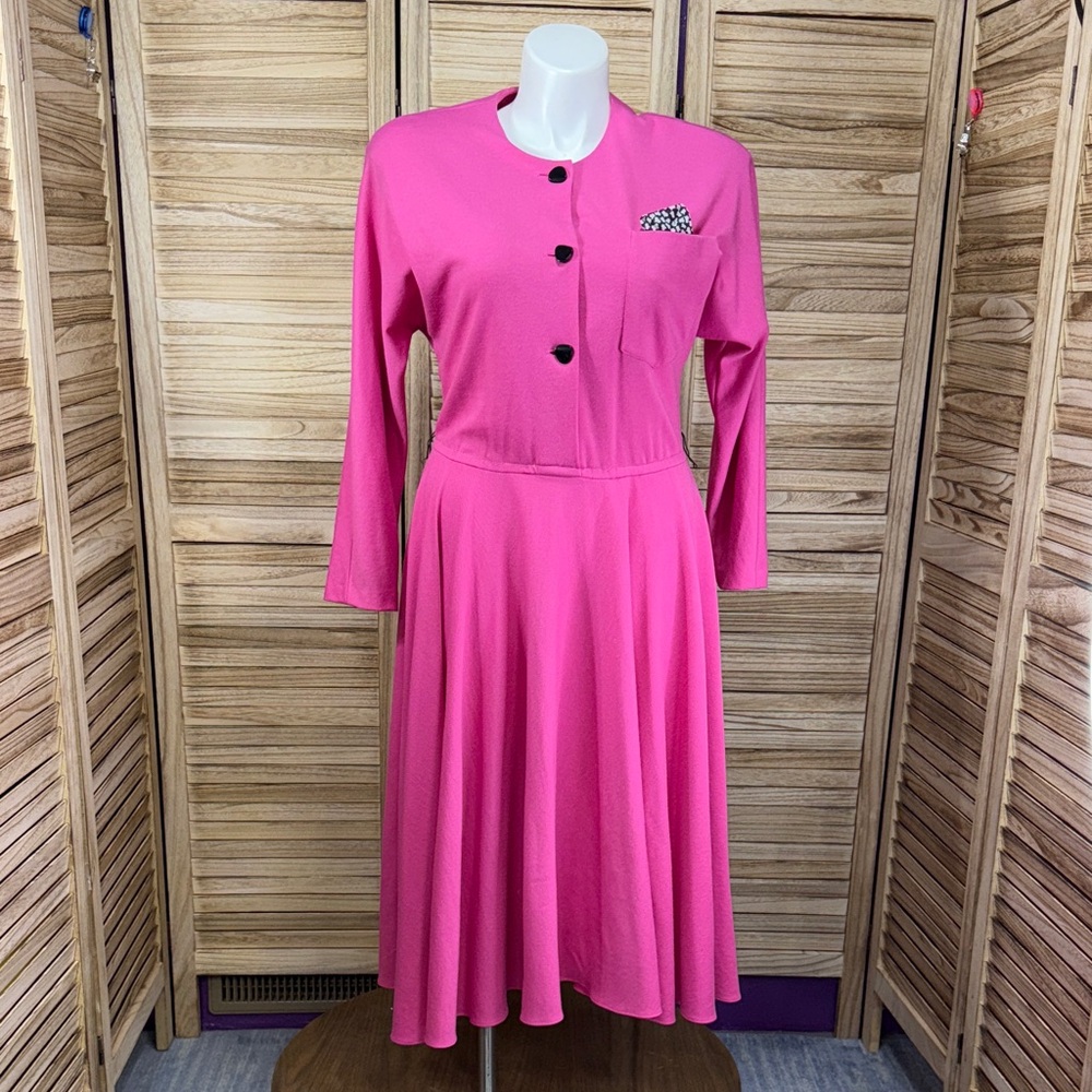 Melissa Lane Elegant Pink Black White Long Sleeve Designer Dress Vintage Size 14